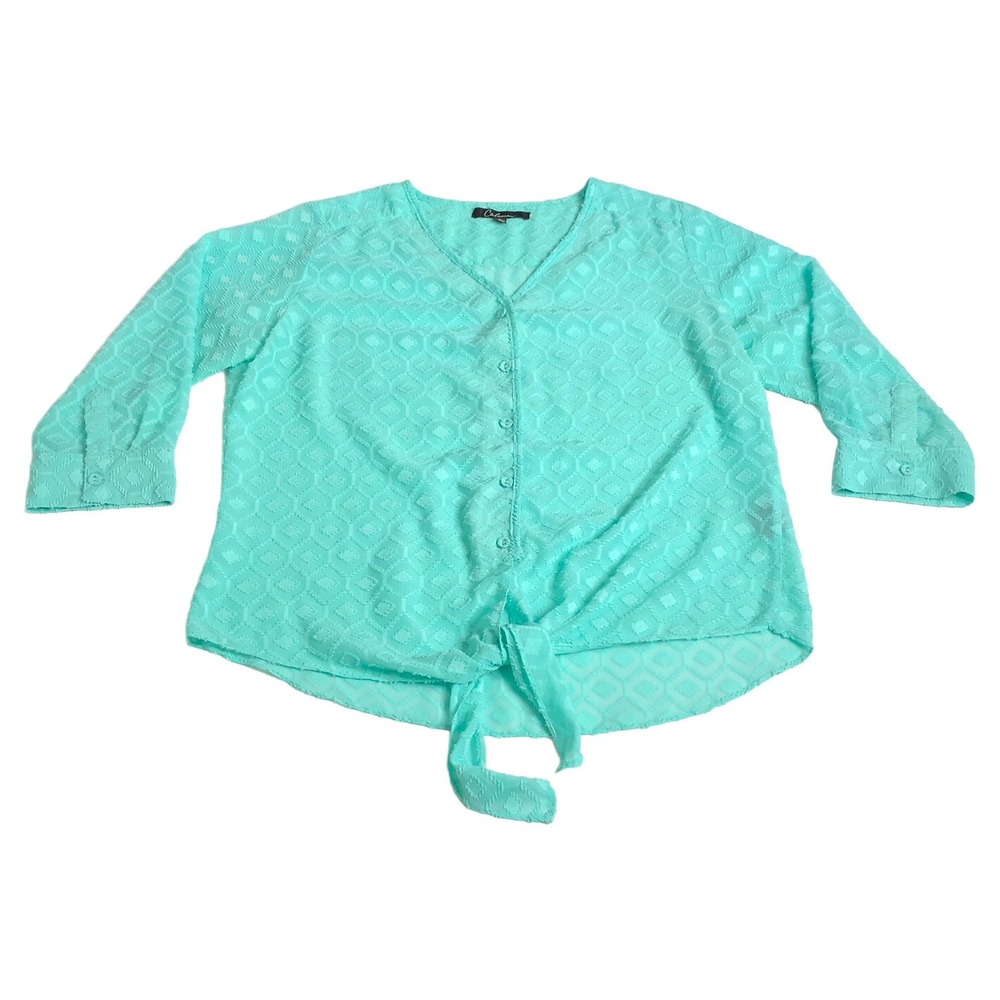 Calessa Top Womens L Green Diamond Textured Sheer Tie Front Roll Tab Button Up